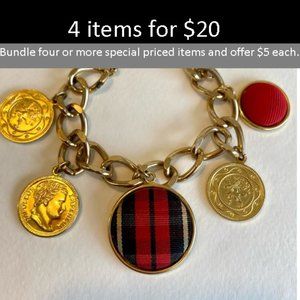 Fun Gold-toned Chain Bracelet with Faux Coins and unique Tartan Fabric Charm